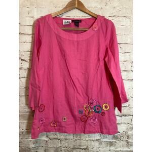 Sarah Isabella Top Womens 10 Irish Linen Hot Pink Buttons Embroidered Artsy